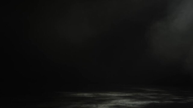 Gray smoke drifts above striped light shadows on a black stage. Concept event, theater, concert, cinema, mystery, advertising, backdrop, and visual design.