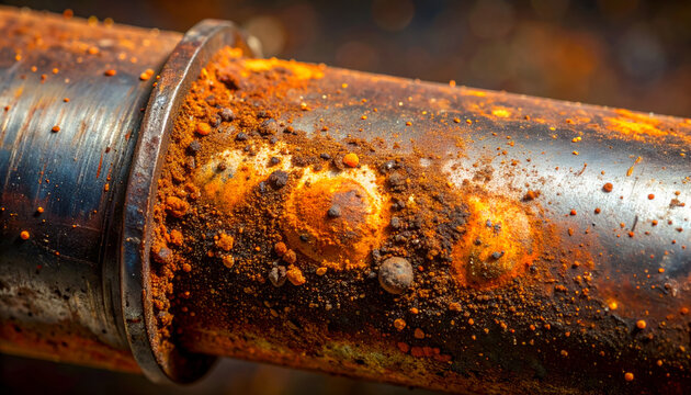 Close-up of a heavily rusted metal pipe with a visible flange connection.