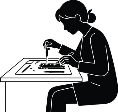 Technician Repairing Smartphone At Desk Vector Silhouette
