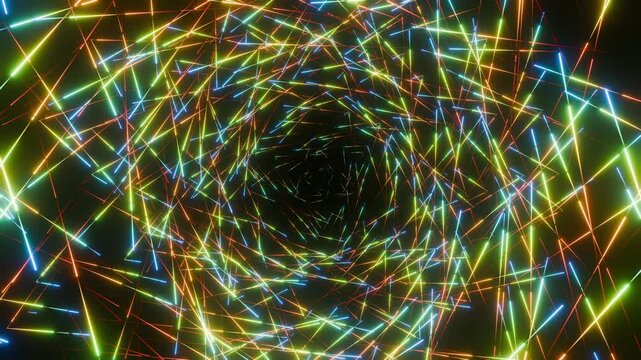 Futuristic seamless loop animation of colorful thin light lines moving right to left with chaotic refraction, abstract neon plexus energy backdrop on black background 3d render