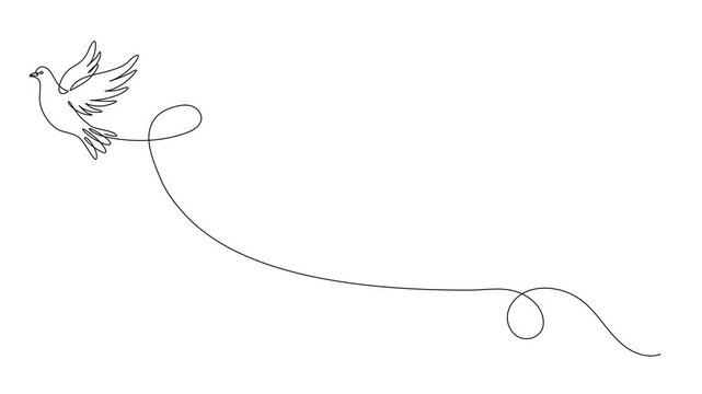 animated minimal continuous line art drawing of a flying dove, symbolizing peace, freedom, hope, line art animation