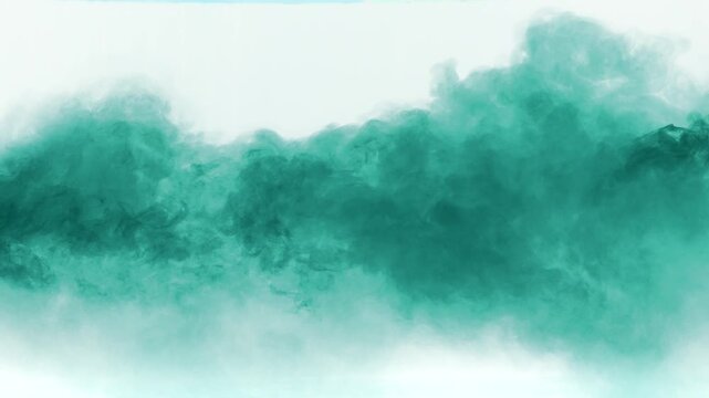 Dense turquoise smoke spreads across a bright white background. Concept of overlay real effect, design, advertising, branding, art, wallpaper, overlay, and creative visual use.