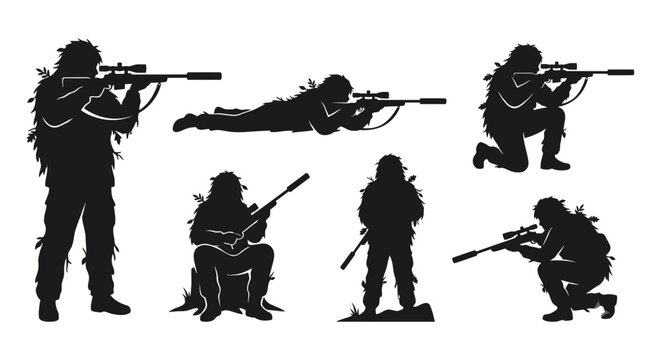 Silhouette snipers aiming rifles set