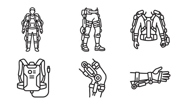 Exoskeleton robotic technology icons collection line art illustration with exoskeleton robotics technology mechanical cybernetic engineering innovation industrial equipment hardware advanced