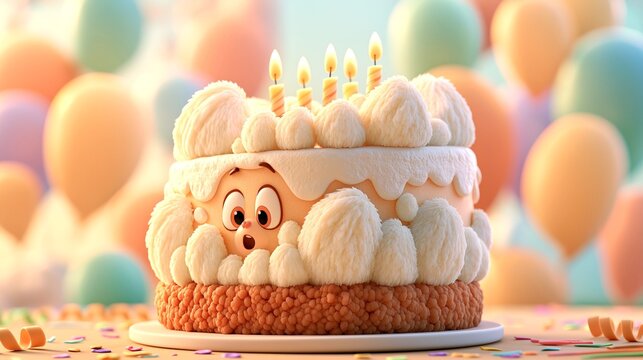 Birthday cake with a cartoon face, fluffy frosting, lit candles, and pastel balloons for a children's party celebration.