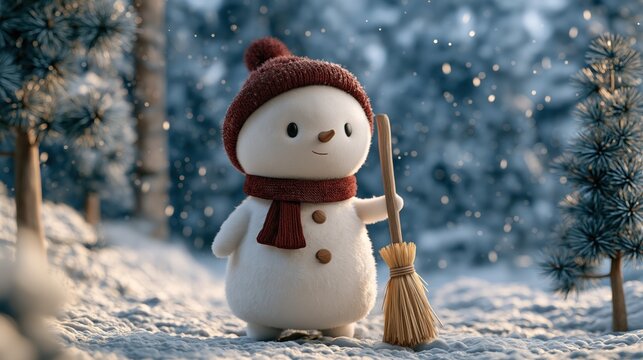Snowman holding a broom in a snowy forest with falling snow, pine trees, a knit hat and scarf, and a winter holiday scene.