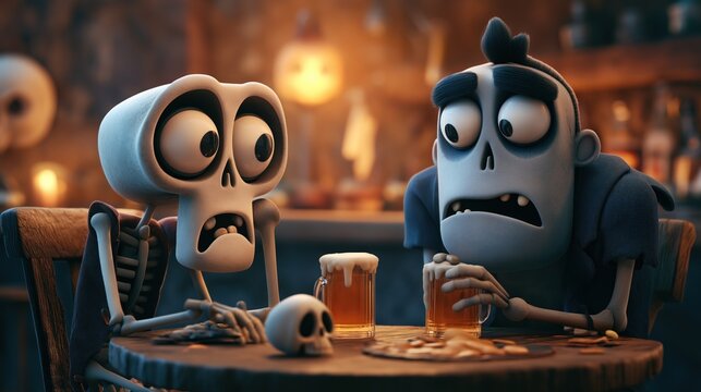 Cartoon skeletons drinking beer at a wooden table in a spooky tavern with warm lantern light, plates of food, and a small skull decoration.