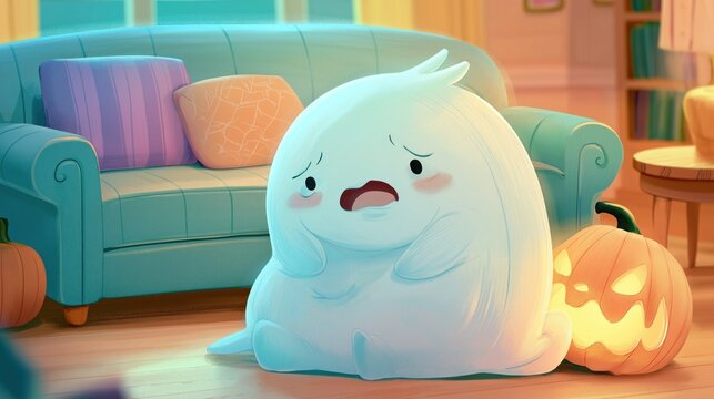 Scared ghost sits beside a glowing jack-o'-lantern in a cozy living room with a sofa and warm Halloween lighting.