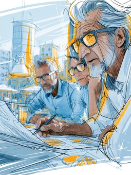 Engineers meeting at an industrial plant review plans and discuss production work while seated at a table in a modern facility.