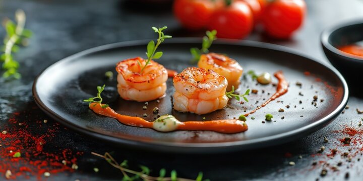 Grilled shrimp served on a black plate with orange sauce, herbs, and pepper garnish for a gourmet seafood dish.