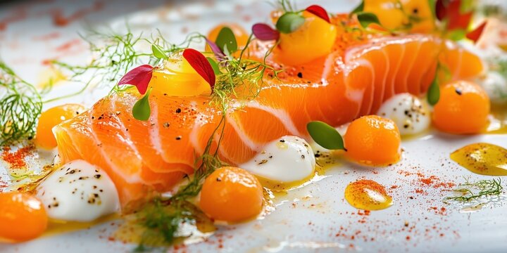 Salmon fillet with orange spheres, herbs, yogurt dollops, and seasoning on a white plate in a gourmet plated dish.