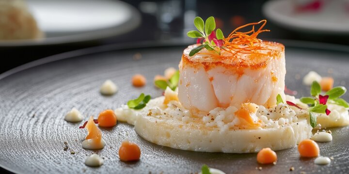 Seared scallop served on rice with microgreens, orange sauce, and fine dining plate presentation in a gourmet restaurant setting.