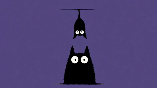 Two cartoon black cats with wide eyes on a purple background, one hanging upside down above the other in a playful Halloween style.