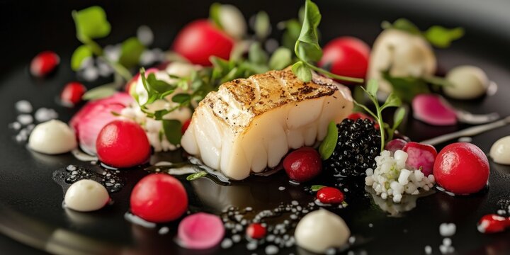 Gourmet seared fish served with colorful vegetables, herbs, caviar, and sauce on a black plate in a fine dining presentation.
