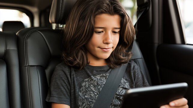 Child using smartphone in a car seat while wearing a seat belt inside a vehicle, focused on the screen during a car ride.