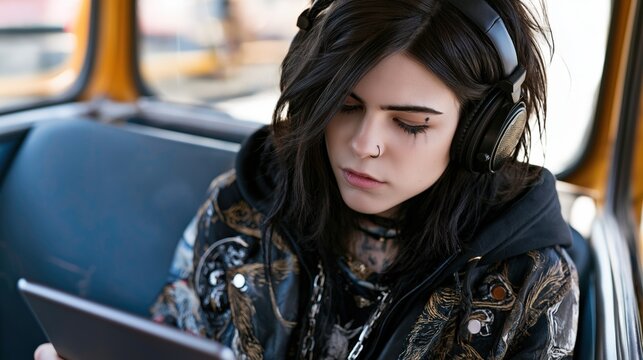 Young woman wearing headphones listens to music and uses a tablet while riding on a bus, with a leather jacket and urban commute setting.