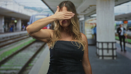 Fototapeta premium Woman wearing glasses covers eyes with her hand on a train platform in building beside an arriving train; private contemplation.