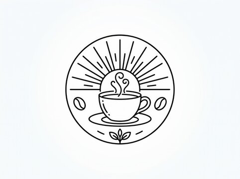 Coffee emblem logo design with sunburst and coffee beans illustration, sunburst