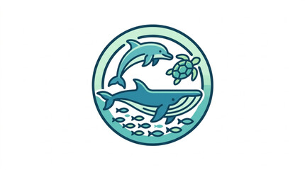 Circular illustration of dolphin whale and turtle in ocean scene. © Darmadi