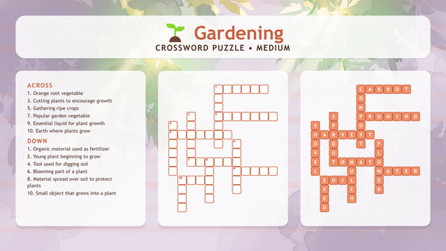 Gardening themed educational crossword puzzle game with grid and clues. Flat lay template for school worksheets, horticulture blogs, and botany activity pages on blurred background.
