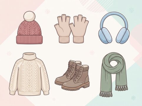 Winter fashion accessories set including sweater hat gloves scarf and boots