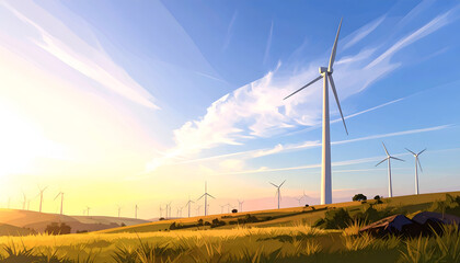 Obraz premium Wind Turbines Generating Clean Energy in a Golden Sunset Landscape.