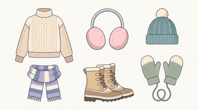 Cozy winter clothing and cold weather accessories collection with clothing