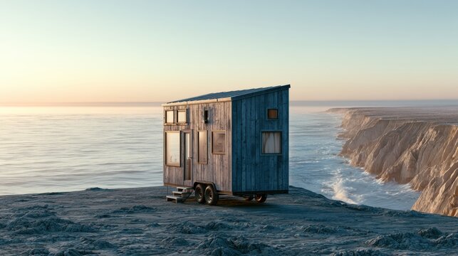 A tiny house on wheels sits at the edge of a cliff, looking out over the ocean during sunrise with endless sky and a scenic view.