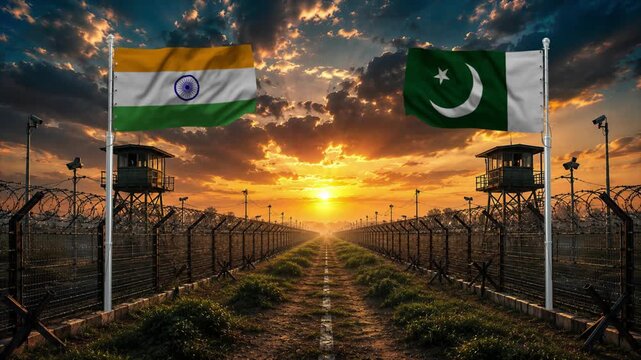 Sunset over India-Pakistan border with flags waving. Peaceful border scene at dusk, military watchtowers and barbed wire.