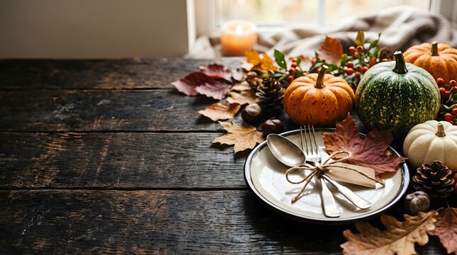 Festive halloween table setting with rustic pumpkins autumn leaves and vintage silverware on a dark wooden background for a holiday dinner party