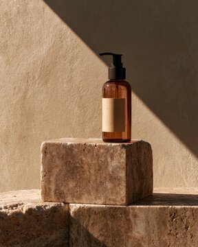 Amber skincare pump bottle on travertine podium with warm sunlight and natural shadows