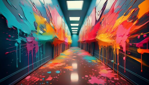 abstract paint splatter in a corridor