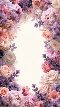 Elegant pastel floral border with pink roses peonies and purple flowers framing copy space
