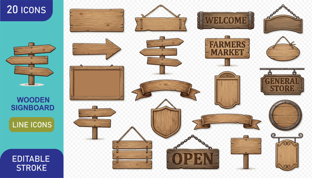 Set of twenty rustic wooden signs and directional arrows for general store and farm market