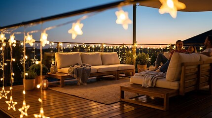 Obraz premium Cozy rooftop terrace with comfortable sofas and glowing star string lights during a beautiful warm summer evening