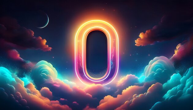 neon number zero in clouds