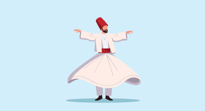 Sufi whirling dervish in a white dress and red fez hat performing the traditional spiritual dance of Mevlana.