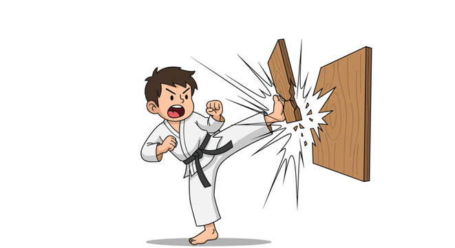 Energetic karate boy wearing a white uniform and black belt, breaking a wooden board with a powerful high kick.