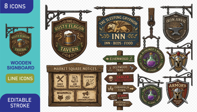 Set of fantasy tavern and shop wooden signboards for medieval roleplaying game map elements