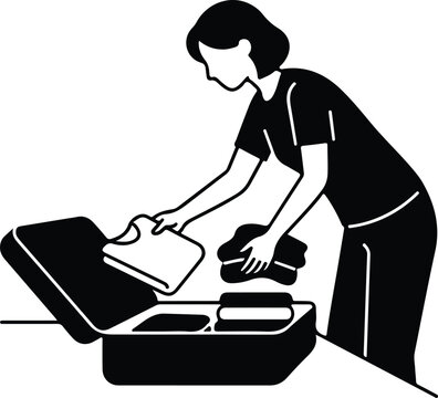 Woman Packing Clothes In Suitcase Vector Silhouette