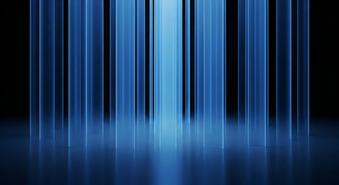 Abstract blue vertical light lines installation with dark background modern architectural interior design element