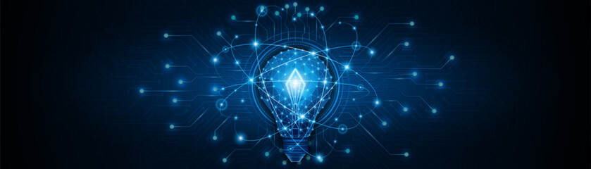 Naklejka premium An innovative and creative light bulb concept incorporating advanced smart digital technology. A futuristic light bulb with integrated circuits and data connectivity for business applications.