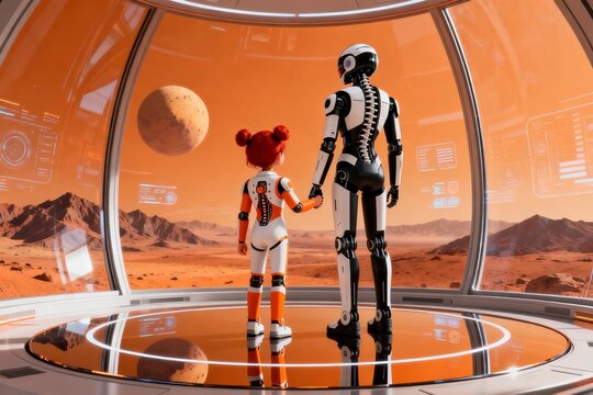 Astronaut and Robot Holding Hands Inside Mars Observatory Dome