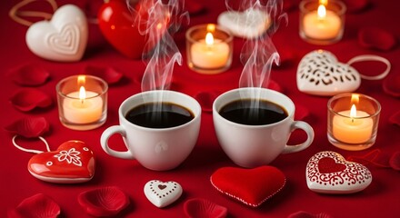 Fototapeta premium Two Steaming Coffee Cups with Heart Shapes and Candles on Red Table