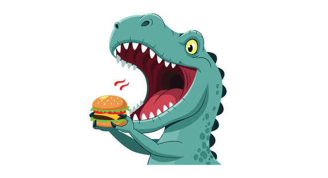 Hungry green dinosaur character with a huge open mouth holding a delicious cheeseburger, ready to eat it.