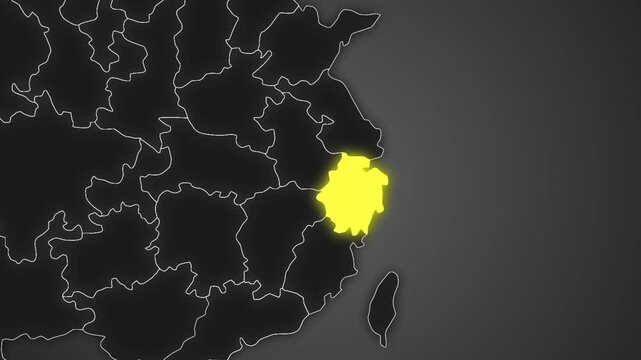 Animated glowing map of Zhejiang, China, with a highlighted outline on a dark gray gradient background, ideal for geography, travel, news, and infographic projects.