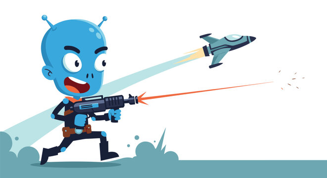 Brave blue alien warrior firing a futuristic laser gun while running beneath a flying spaceship on a clean white background.