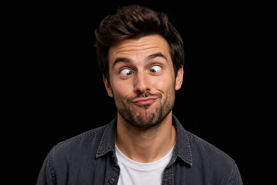A young man with brown hair and a beard makes an exaggerated surprised or goofy face against a black background.