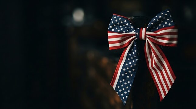 A decorative bow featuring the american flag pattern isolated against a dark blurred background for patriotic holidays