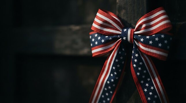 A decorative bow featuring the american flag pattern displayed against a dark and moody textured background